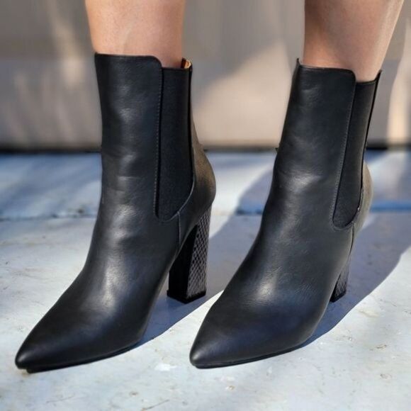 Ankle Zip Boots Pointed Toe Chunky Printed Block Heels - Picture 2 of 7